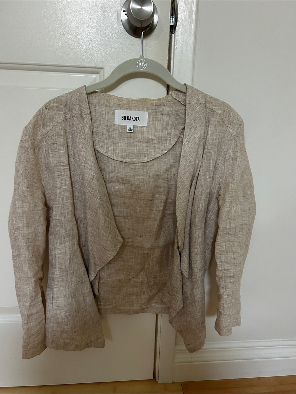 BB Dakota Neutral Beige Open-Front Draped Linen Jacket